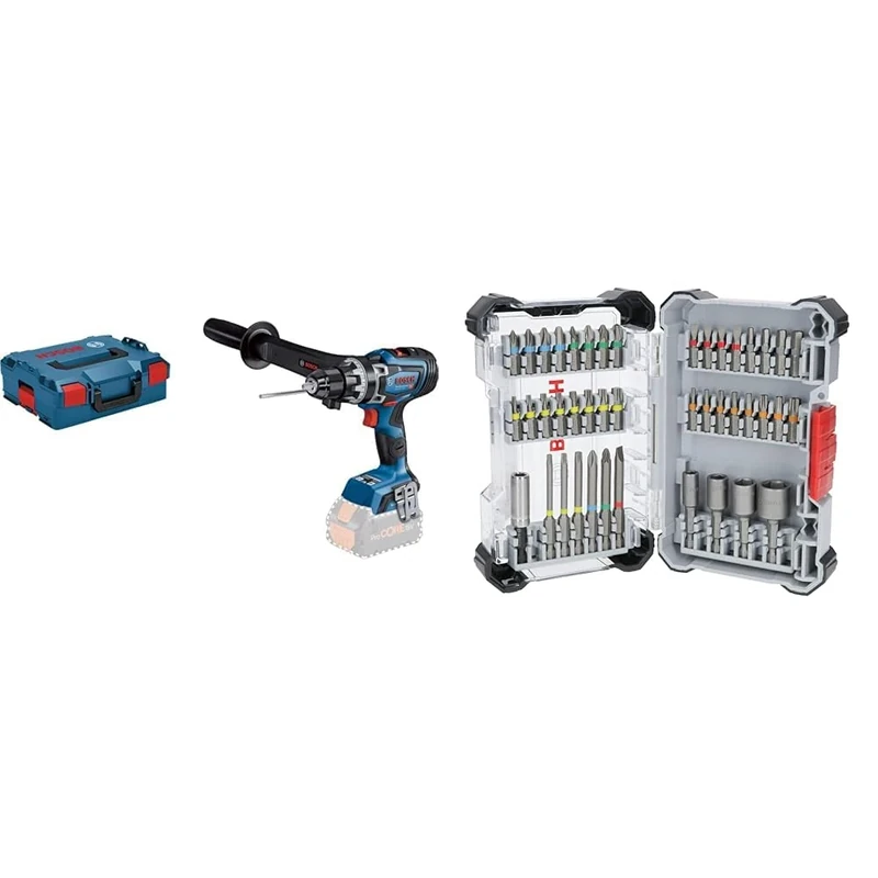 Bosch Professional 18V System BITURBO Cordless Drill Driver GSR 18V-150 C (incl. aux. Handle, L-BOXX inla, Without Battery/Charger) + 43x Extra Hard Screwdriver Bit Set (197 x 110.5 mm, Accessories)