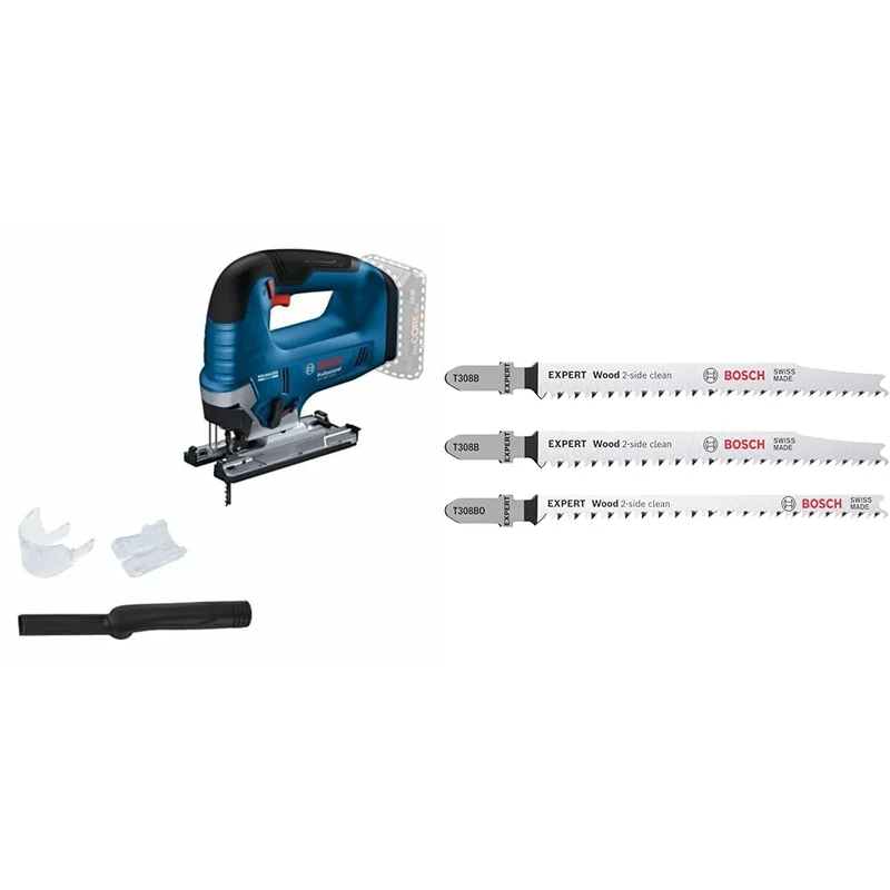Bosch Professional 18V System Cordless Jigsaw GST 18V-125 B + 3X Expert Wood 2-Side Clean Jigsaw Blade Set (for Solid Wood Furniture Board, Plywood, Length 117 mm)