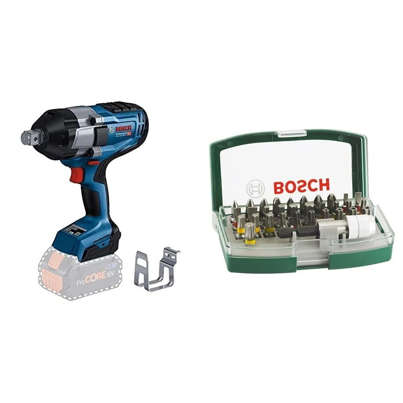 Bosch Professional BITURBO Cordless Impact Wrench GDS 18V-1050 H (1050 Nm Tightening Torque, 1,700 Nm Breakaway Torque, Without Battery/Charger) + 32pc. Screwdriver Bit Set