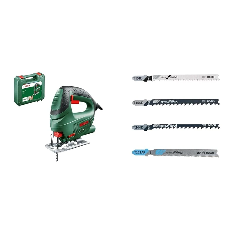 Bosch Home and Garden 06033A0770 Bosch PST 650-jig Saw, 500 W, 230 V, Green + 2607010904 "Tough Box Jigsaw Blade-Set with Single Lug Shank, 0 V, Black/Silver, Set of 40 Piece