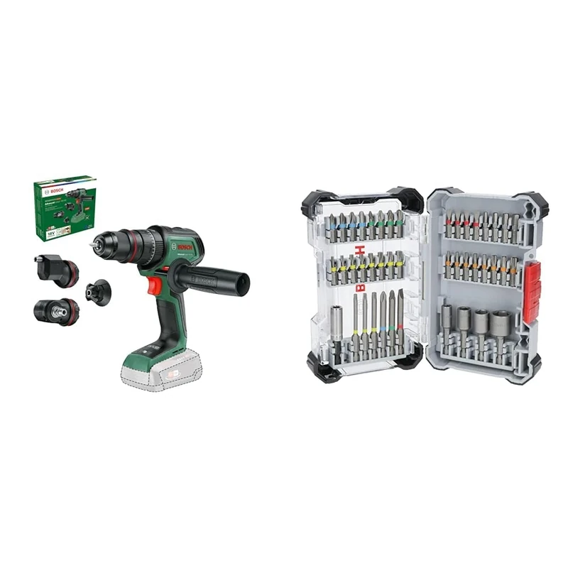 Bosch Cordless Combi Drill AdvancedImpact 18V-80 QuickSnap (for Drilling and Screwdriving; Without Battery) + 43x Extra Hard Screwdriver Bit Set (197 x 110.5 mm, Accessories)