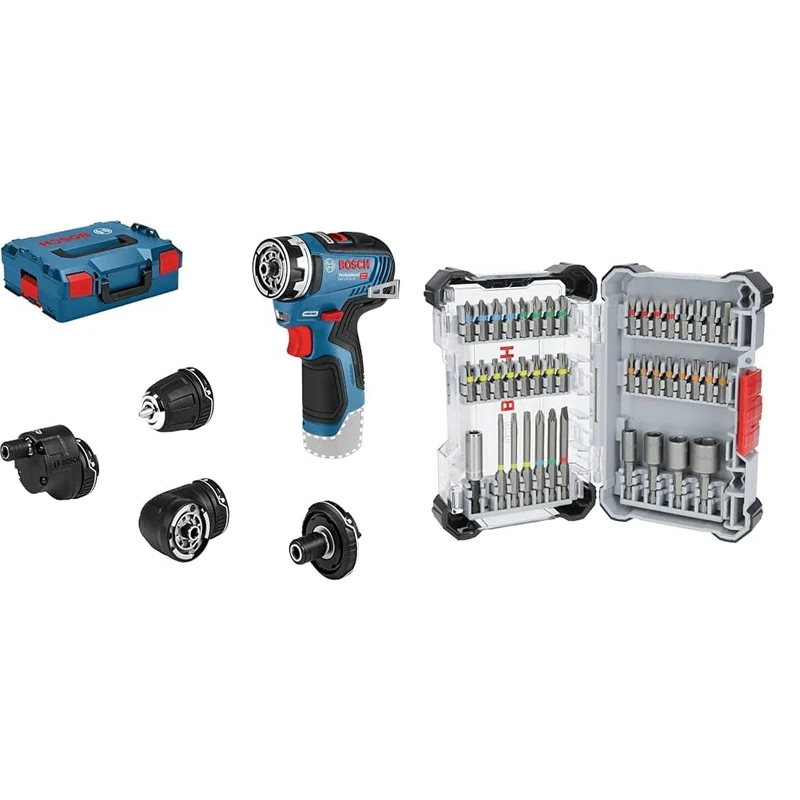 Bosch Professional 12V System GSR 12V-35 FC Cordless Drill/Driver (incl. 4 FlexiClick adapters, Without Battery/Charger) + 43x Extra Hard Screwdriver Bit Set (197 x 110.5 mm, Accessories)