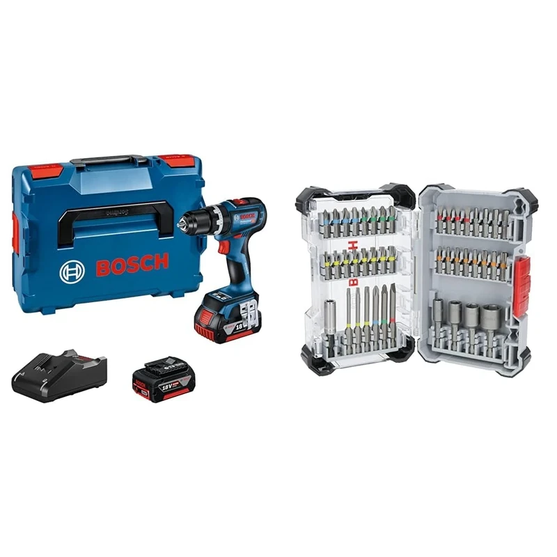 Bosch Professional 18V System Cordless Impact Drill GSB 18V-90 C (incl. 2X GBA 4.0Ah Batteries, Charger GAL 18V-40, Inlay, L-BOXX) + 43x Extra Hard Screwdriver Bit Set (197 x 110.5 mm, Accessories)