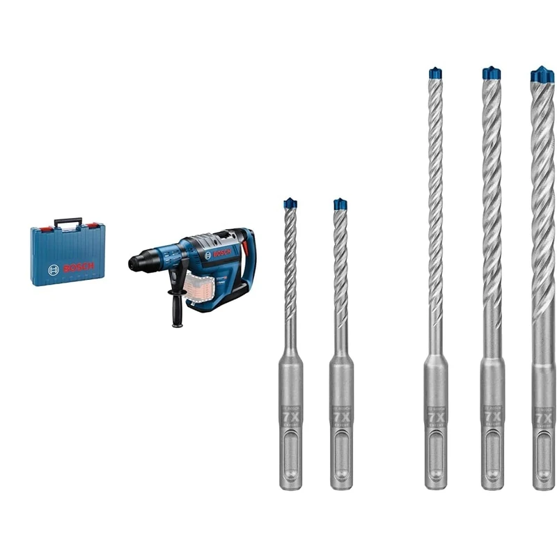 Bosch Professional 18V System BITURBO Cordless Rotary Hammer GBH 18V-45 C + 5X Expert SDS plus-7X Hammer Drill Bit Set (for Soft Stone, Hard Stone, Ø 5-10 mm)