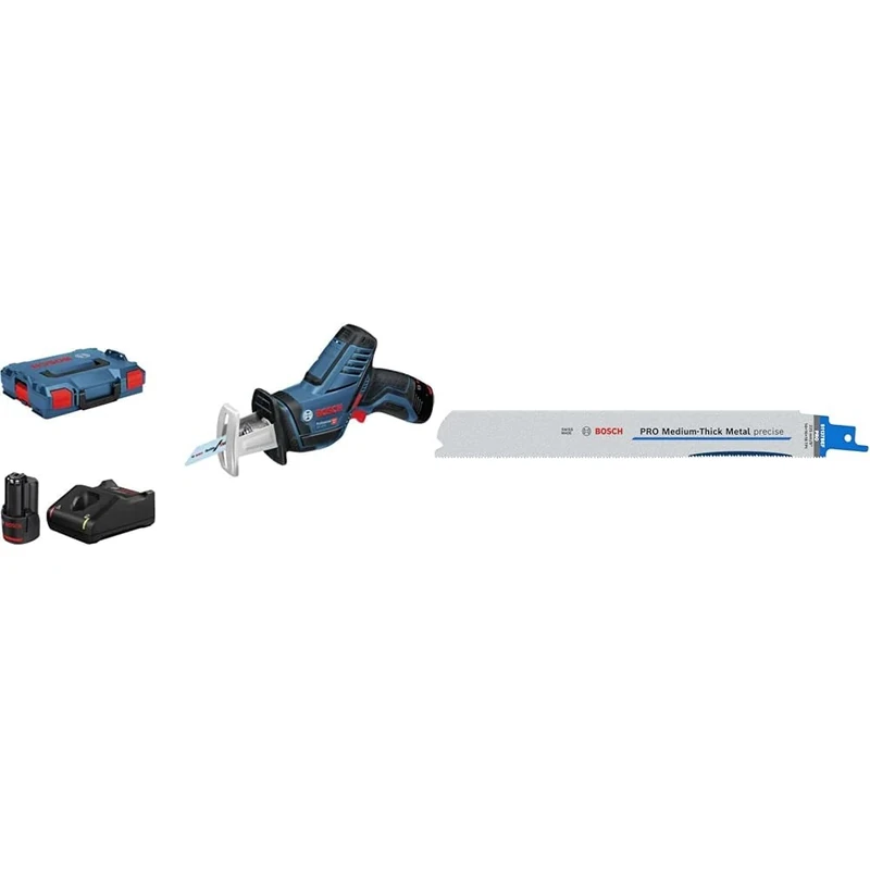 Bosch Professional 12V System GSA 12V-14 Cordless reciprocating Saw + 2X PRO Medium-Thick Metal S1137BEF Precise Reciprocating Saw Blade (Metal Pipes & Profiles, Non-Ferrous Metals, 225 mm)