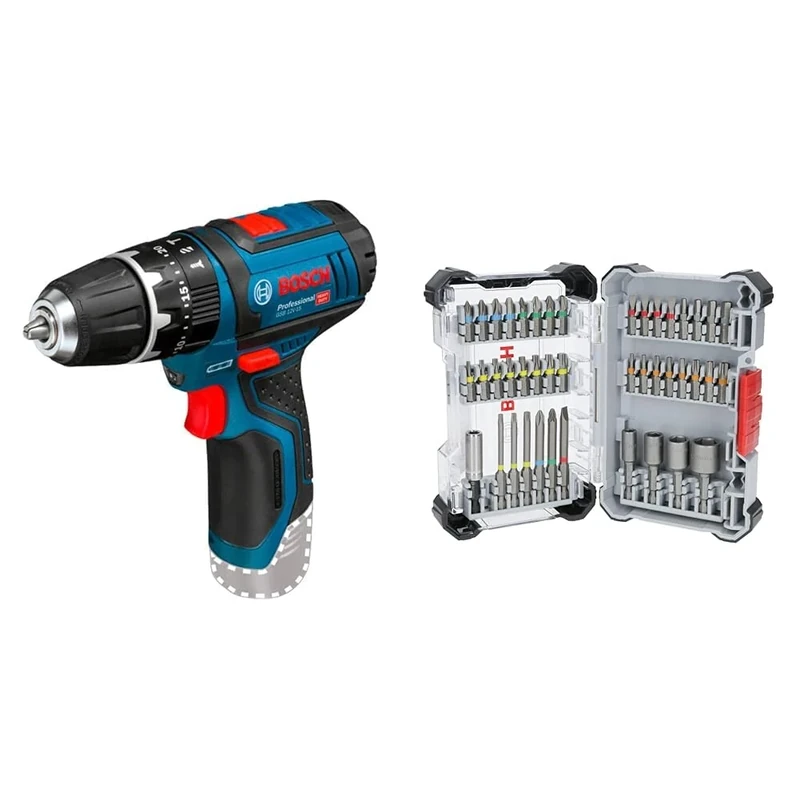 Bosch Professional 12V System GSB 12V-15 Cordless Combi Drill (Without Rechargeable Battery and Charger) + 43x Extra Hard Screwdriver Bit Set (197 x 110.5 mm, Accessories)