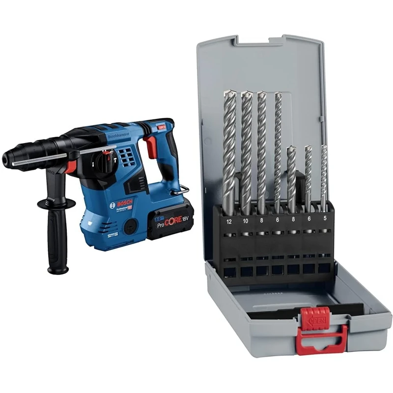 Bosch Professional 18V System Cordless Rotary Hammer GBH 18V-28 CF + 7X PRO SDS plus-5X Hammer Drill Bit Set (for Concrete, Lime and Sand Bricks, Ø 5-12 mm)