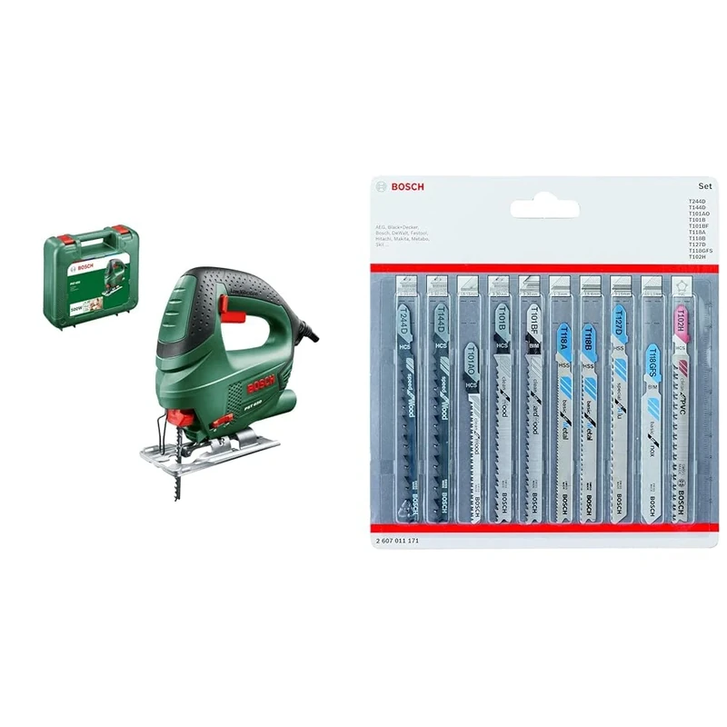 Bosch Home and Garden 06033A0770 Bosch PST 650-jig Saw, 500 W, 230 V, Green + 10-Piece Set Jigsaw Blades Set (for Wood and Metal, Accessories)