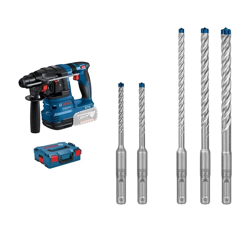 Bosch Professional 18V System Cordless Rotary Hammer GBH 18V-22 + 5X Expert SDS plus-7X Hammer Drill Bit Set (for Soft Stone, Hard Stone, Ø 5-10 mm)