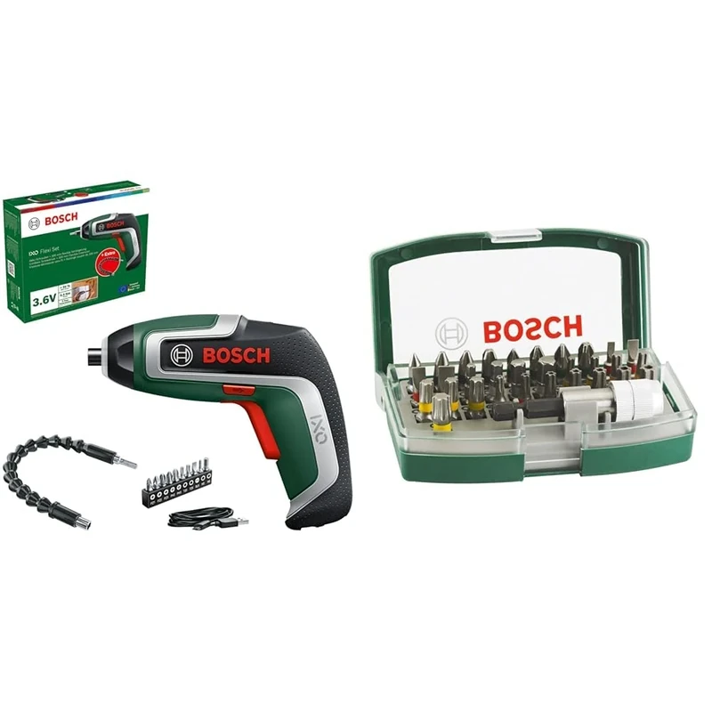Bosch Compact Cordless Screwdriver IXO Flexi Set (for Flexible Screwdriving; 7th Generation; with Flexible Extention and Micro USB Cable; Bends Up to 180°; 10x Bits) + 32pc. Screwdriver Bit Set