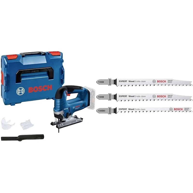 Bosch Professional 18V System Cordless Jigsaw GST 18V-125 B + 3X Expert Wood 2-Side Clean Jigsaw Blade Set (for Solid Wood Furniture Board, Plywood, Length 117 mm)