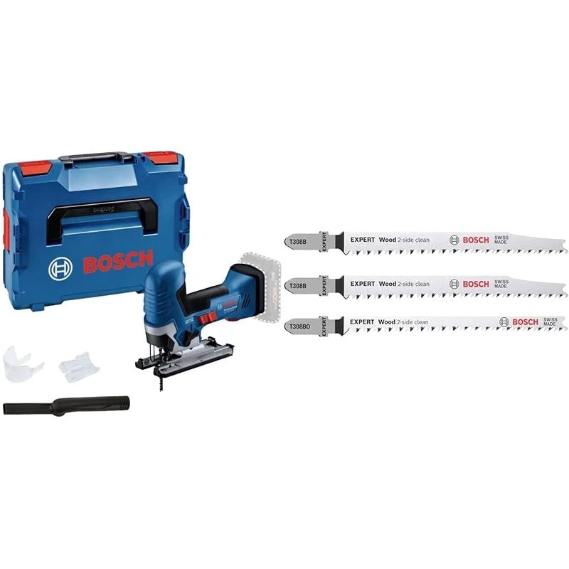 Bosch Professional 18V System Cordless Jigsaw GST 18V-125 S + 3X Expert Wood 2-Side Clean Jigsaw Blade Set (for Solid Wood Furniture Board, Plywood, Length 117 mm)