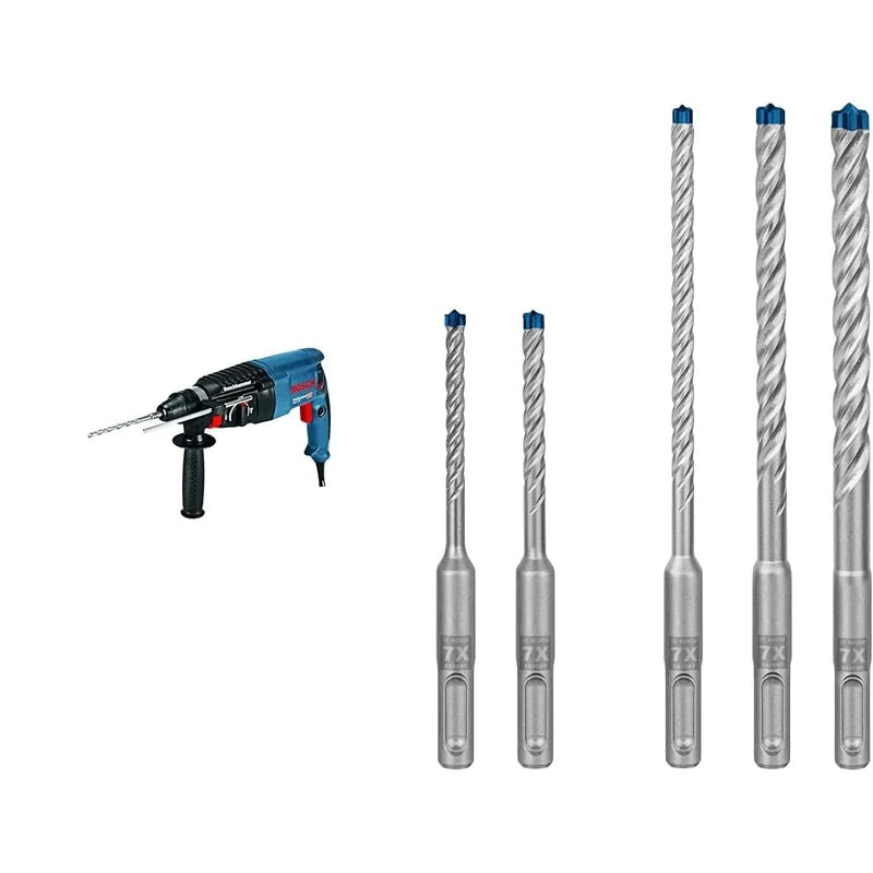 Bosch Professional 06112A3070 Rotary Hammer Drill GBH 2-26 (230 V, SDS Plus, 830 W, in Carrying Case), Navy Blue + 5X Expert SDS plus-7X Hammer Drill Bit Set (for Soft Stone, Hard Stone, Ø 5-10 mm)