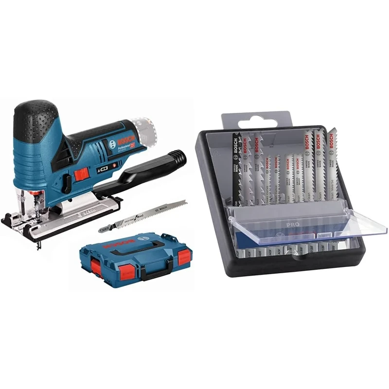 Bosch Professional 12V System GST 12V-70 Cordless Jigsaw (2 x Saw Blades) + 10x PRO Hardwood and Laminate Jigsaw Blade Set (for Hardwood, Parquet, Length 83 mm)