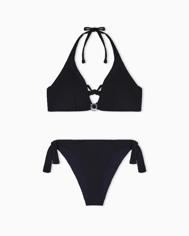 Women's Textured Lycra Triangle+HIGH Waist Brief Bikini Black L
