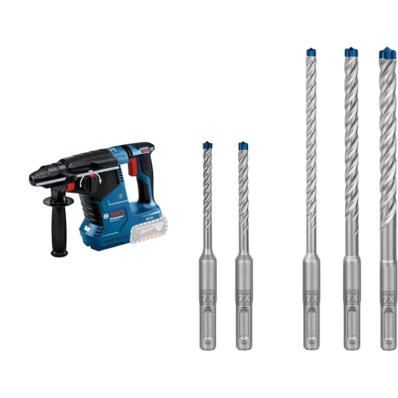 Bosch Professional 18V System Cordless Rotary Hammer GBH 18V-24 C + 5X Expert SDS plus-7X Hammer Drill Bit Set (for Soft Stone, Hard Stone, Ø 5-10 mm)