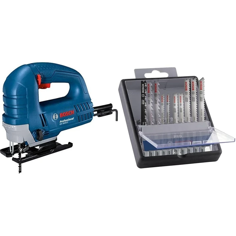 Bosch Professional GST 8000 E Jigsaw + 10x PRO Hardwood and Laminate Jigsaw Blade Set (for Hardwood, Parquet, Length 83 mm)