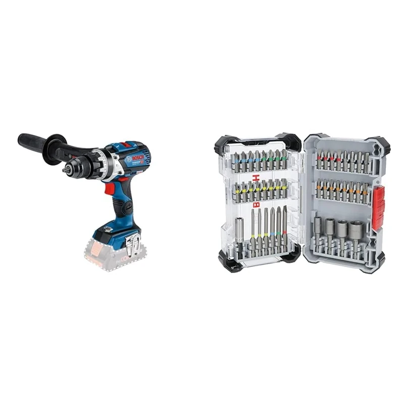Bosch Professional 18V System Cordless Combi Drill GSB 18V-110 C (max. Torque of 110 Nm, incl. Aux. Handle, Without Battery/Charger) + 43x Extra Hard Screwdriver Bit Set (197 x 110.5 mm, Accessories)