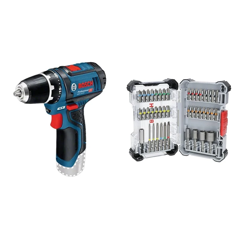 Bosch Professional 12V System GSR 12V-15 Cordless Drill/Driver (excluding Batteries and Charger) + 43x Extra Hard Screwdriver Bit Set (197 x 110.5 mm, Accessories)