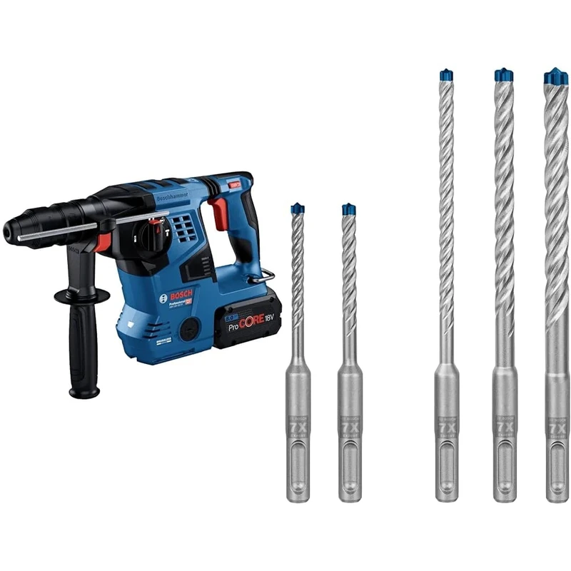 Bosch Professional 18V System Cordless Rotary Hammer GBH 18V-28 CF + 5X Expert SDS plus-7X Hammer Drill Bit Set (for Soft Stone, Hard Stone, Ø 5-10 mm)