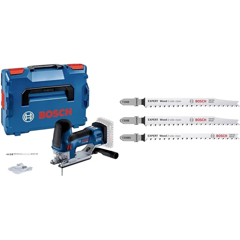 Bosch Professional 18V System Cordless Jigsaw GST 18V-155 SC + 3X Expert Wood 2-Side Clean Jigsaw Blade Set (for Solid Wood Furniture Board, Plywood, Length 117 mm)