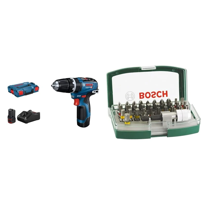 Bosch Professional 12V System Cordless Combi GSB 12V-35 (incl.2X GBA 3.0Ah Battery, GAL 12V-40 Charger, 1x Belt Clip, 1x Bit Holder, 2X 1/2 Inlay, L-BOXX 102) + 32pc. Screwdriver Bit Set