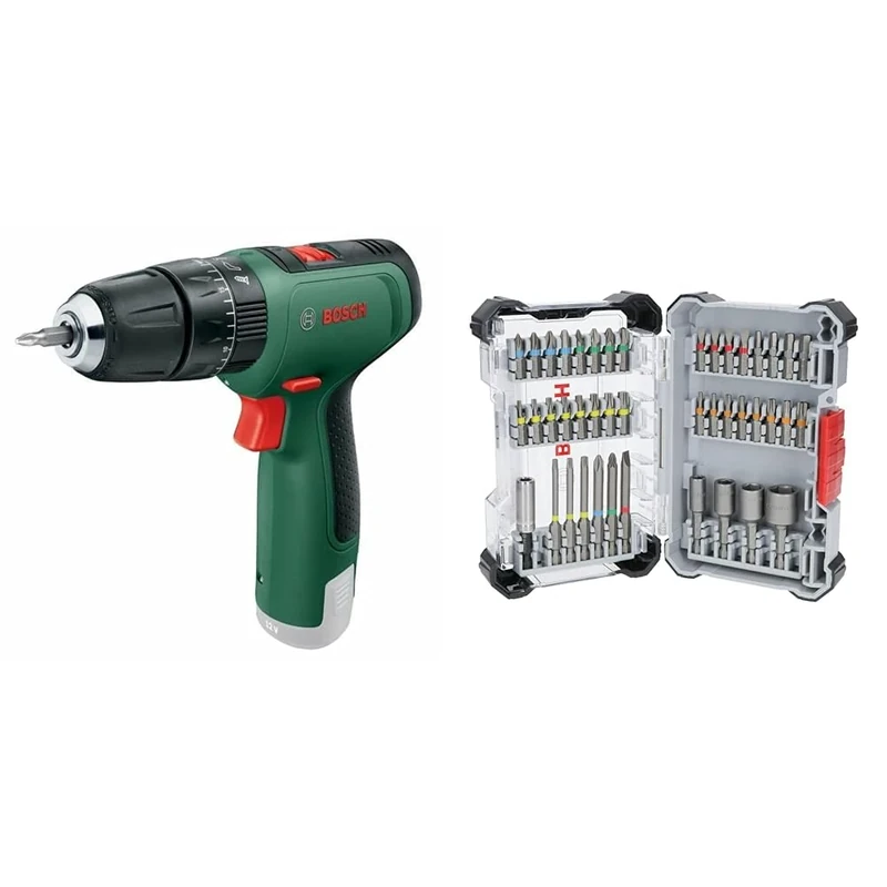 Bosch Cordless Hammer Drill EasyImpact 1200 (Without Battery, 12 Volt System, in Carton Packaging) + 43x Extra Hard Screwdriver Bit Set (197 x 110.5 mm, Accessories)