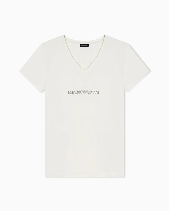 Emporio Armani Women's Iconic Logoband V Neck T-Shirt Beige M