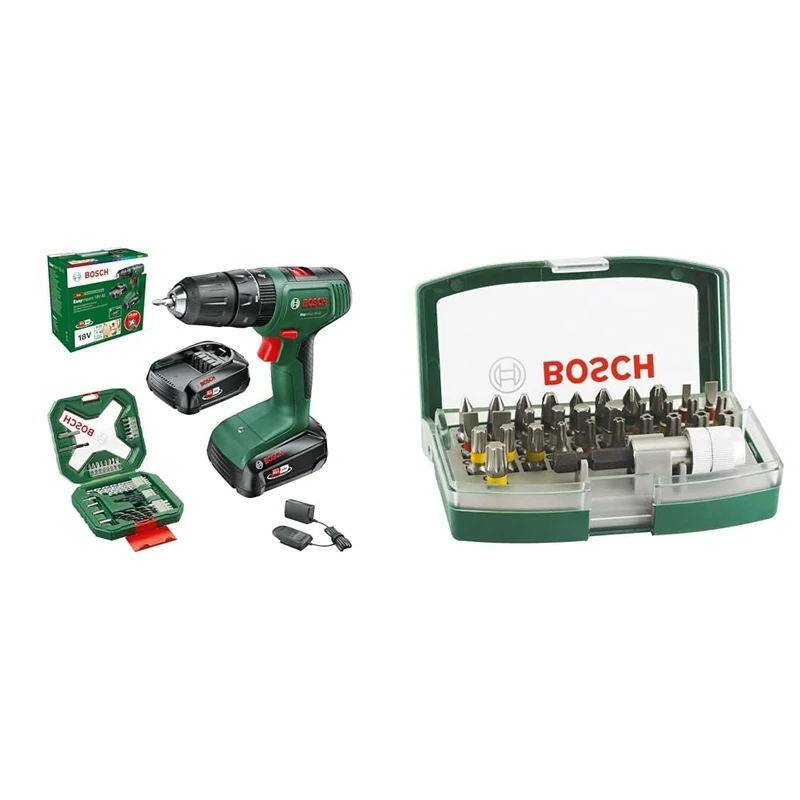 Bosch Cordless Hammer Drill EasyImpact 18V-40 (2X 2.0 Ah Battery, 18 Volt System, Screwdriver and Drill Set for Wood, Stone and Metal 34 Pieces) + 32pc. Screwdriver Bit Set