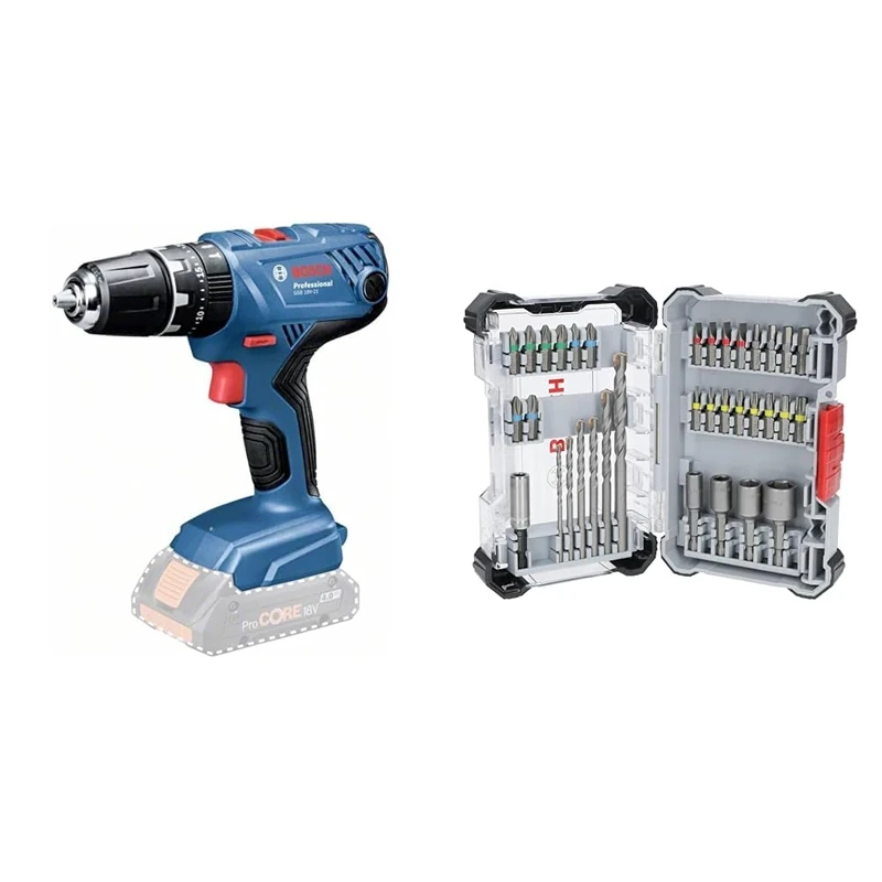 Bosch Professional 18V System Cordless Combi Drill GSB 18V-21 (max. Torque 55 Nm, Without Battery/Charger) + 35x Extra Hard Schrauberbit‑ und CYL-3 Bohrer-Set, 35‑TLG. (197 x 110,5 mm, Zubehör)
