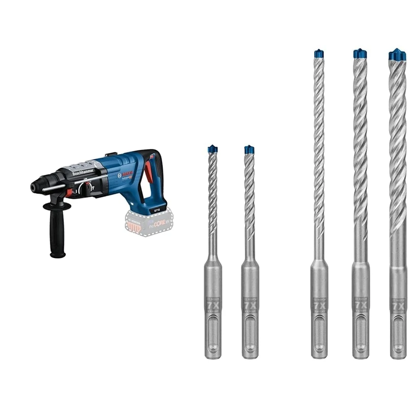 Bosch Professional 18V System Cordless Rotary Hammer GBH 18V-28 D + 5X Expert SDS plus-7X Hammer Drill Bit Set (for Soft Stone, Hard Stone, Ø 5-10 mm)