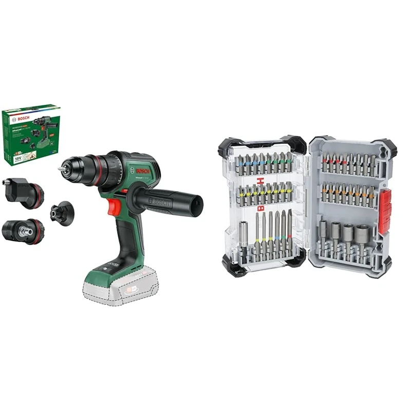 Bosch Cordless Drill Driver AdvancedDrill 18V-80 QuickSnap (for Drilling and Screwdriving; Without Battery) + 43x Extra Hard Screwdriver Bit Set (197 x 110.5 mm, Accessories)