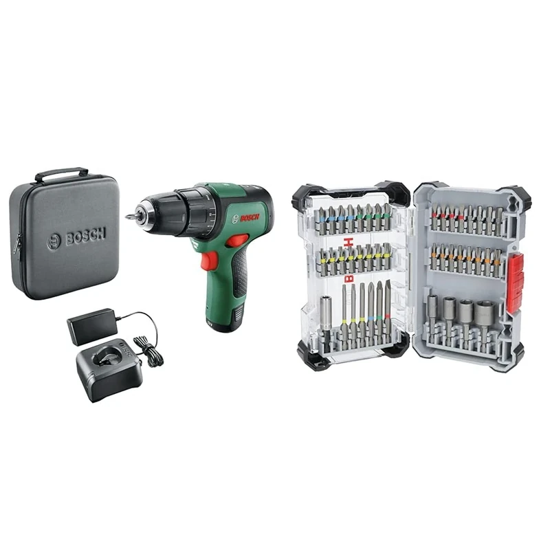 Bosch Cordless Hammer Drill EasyImpact 12 (1 Battery, 12 Volt System, in Soft Storage Bag) + 43x Extra Hard Screwdriver Bit Set, 43-Piece (197 x 110.5 mm, Professional Accessories Screwdriver, Drill)