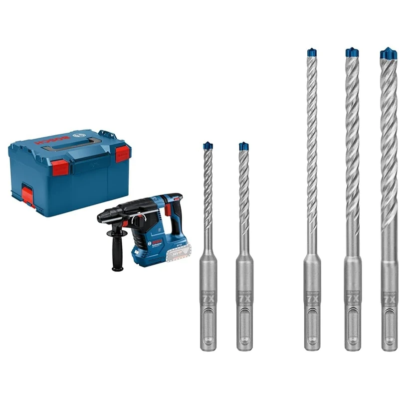 Bosch Professional 18V System Cordless Rotary Hammer GBH 18V-24 C + 5X Expert SDS plus-7X Hammer Drill Bit Set (for Soft Stone, Hard Stone, Ø 5-10 mm)