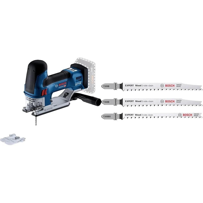 Bosch Professional 18V System Cordless Jigsaw GST 18V-155 SC + 3X Expert Wood 2-Side Clean Jigsaw Blade Set (for Solid Wood Furniture Board, Plywood, Length 117 mm)