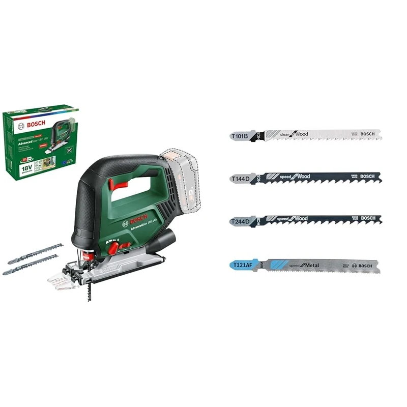 Bosch Cordless Jigsaw AdvancedSaw 18V-140 (Pendulum Function; Brushless Motor; 3 x Jigsaw Blades; in Carton) + Tough Box Jigsaw Blade-Set with Single Lug Shank, Set of 40 Piece