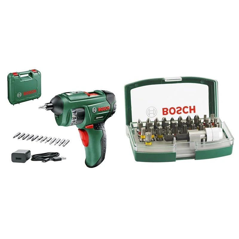 Bosch Cordless Drill PSR Select (Without Battery, 3.6 Volt, in Carrying case) + 32pc. Screwdriver Bit Set (PH-, PZ-, Hex-, T-, TH-, S-Bit, Accessories Drill and Screwdriver)