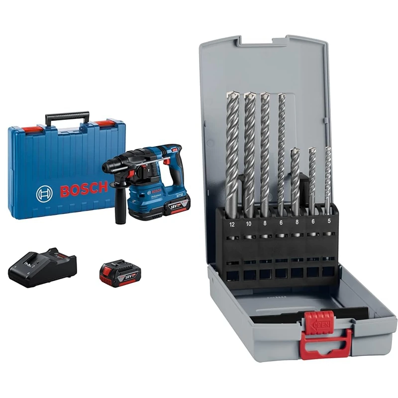 Bosch Professional 18V System Cordless Rotary Hammer GBH 18V-22 + 7X PRO SDS plus-5X Hammer Drill Bit Set (for Concrete, Lime and Sand Bricks, Ø 5-12 mm)