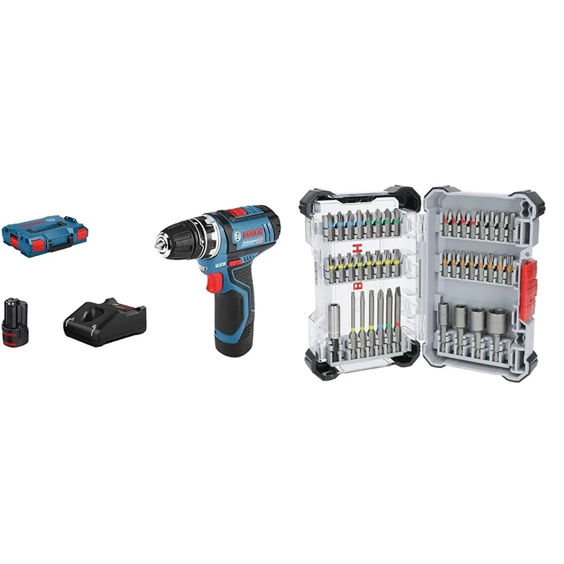 Bosch Professional 12V System GSR 12V-15 FC Cordless Drill/Driver (incl. 2 x Battery GBA 12V 2.0Ah) + 43x Extra Hard Screwdriver Bit Set (197 x 110.5 mm, Accessories)