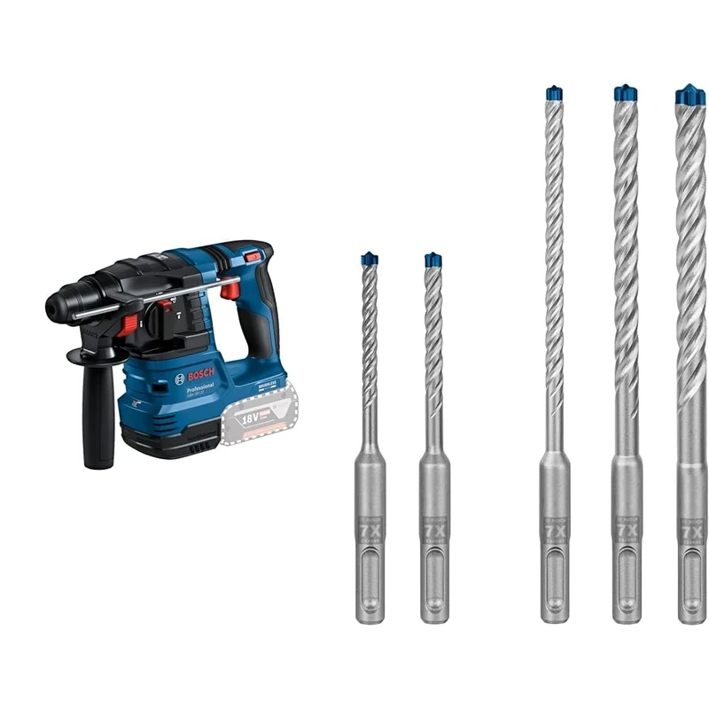 Bosch Professional 18V System Cordless Rotary Hammer GBH 18V-22 + 5X Expert SDS plus-7X Hammer Drill Bit Set (for Soft Stone, Hard Stone, Ø 5-10 mm)