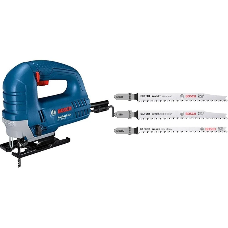 Bosch Professional GST 8000 E Jigsaw (Including 1x Saw Blade T144 D, Anti-Splinter Guard) + 3X Expert Wood 2-Side Clean Jigsaw Blade Set (for Solid Wood Furniture Board, Plywood, Length 117 mm)