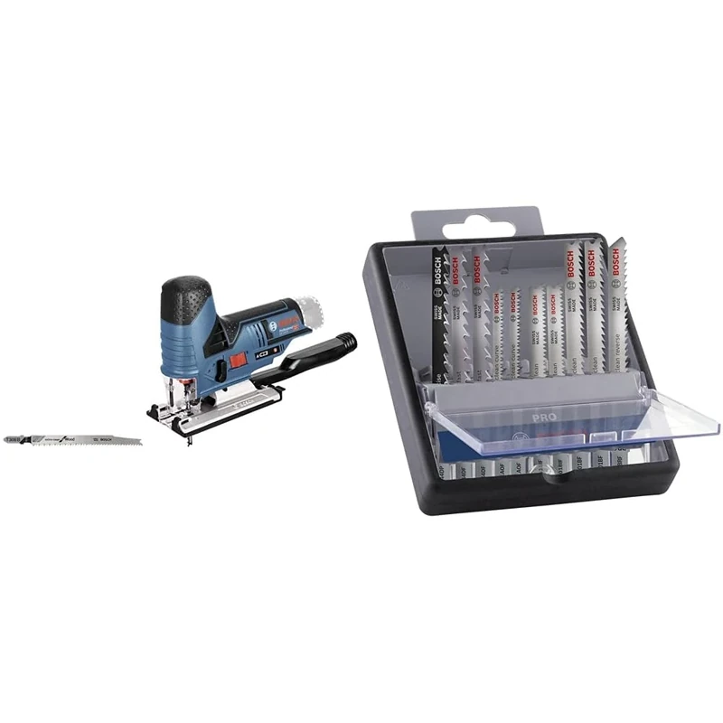 Bosch Professional 12V System GST 12V-70 Cordless Jigsaw + 10x PRO Hardwood and Laminate Jigsaw Blade Set (for Hardwood, Parquet, Length 83 mm)