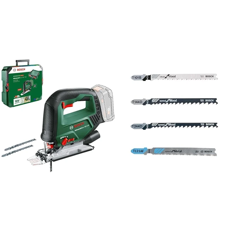 Bosch Cordless Jigsaw AdvancedSaw 18V-140 (Pendulum Function; Brushless Motor; Without Battery and Charger) + Tough Box Jigsaw Blade-Set with Single Lug Shank, Set of 40 Piece