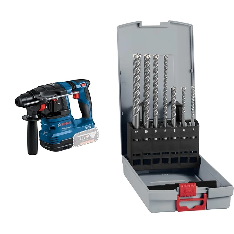 Bosch Professional 18V System Cordless Rotary Hammer GBH 18V-22 + 7X PRO SDS plus-5X Hammer Drill Bit Set (for Concrete, Lime and Sand Bricks, Ø 5-12 mm)