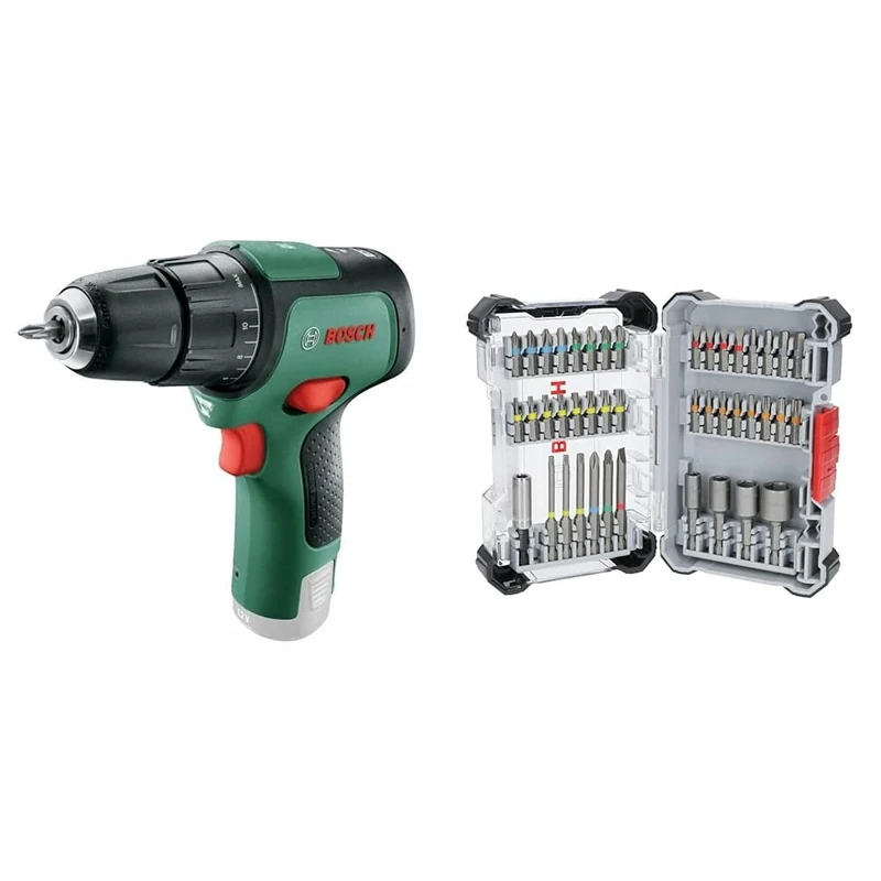 Bosch Cordless Hammer Drill EasyImpact 12 (Without Battery, 12 Volt System, in Carton Packaging) + 43x Extra Hard Screwdriver Bit Set (197 x 110.5 mm, Accessories)