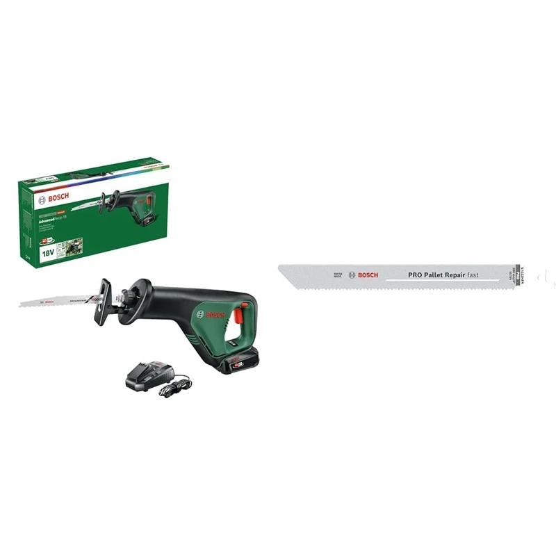 Bosch Akku Säbelsäge AdvancedRecip 18 (2,5 Ah Akku, 18 Volt System, im Karton) + 5X PRO Pallet S1022HFR Repair Fast Reciprocating Saw Blade (for Steel, Wood with Nails, Length 200 mm)