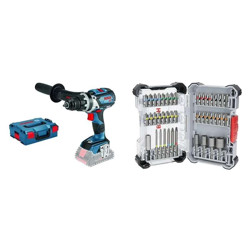 Bosch Professional 18V System Cordless Drill Driver GSR 18V-110 C (incl. Aux. Handle, L-BOXX 136, Without Battery/Charger) + 43x Extra Hard Screwdriver Bit Set (197 x 110.5 mm, Accessories)