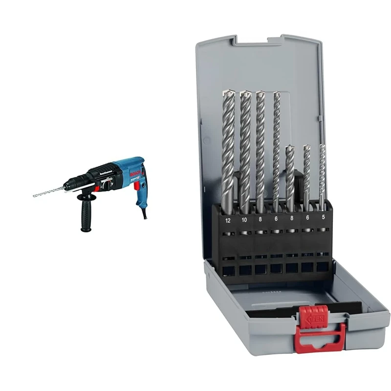 Bosch Professional Rotary Hammer GBH 2-26 F + 7X PRO SDS plus-5X Hammer Drill Bit Set (for Concrete, Lime and Sand Bricks, Ø 5-12 mm)