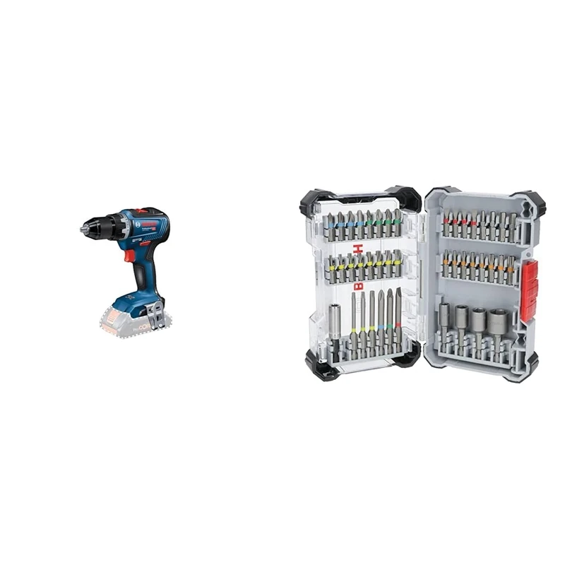 Bosch Professional 18V System Cordless Screwdriver GSR 18V-55 (Without Batteries and Charger, max. Torque: 55 Nm, in Carton Box) + 43x Extra Hard Screwdriver Bit Set (197 x 110.5 mm, Accessories)