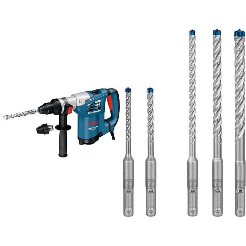 Bosch Professional Rotary Hammer with SDS Plus GBH 4-32 DFR + 5X Expert SDS plus-7X Hammer Drill Bit Set (for Soft Stone, Hard Stone, Ø 5-10 mm)